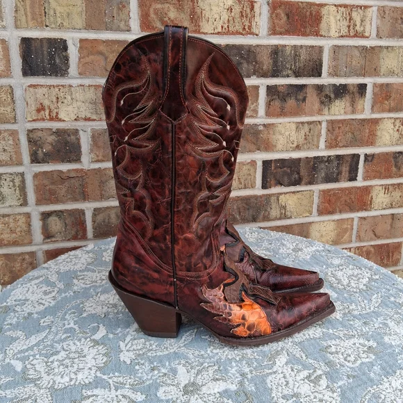 Stetson Exotic Leather Weatern Boots Snip Toe Sz.8 Brown Cross Wings - Picture 4 of 17